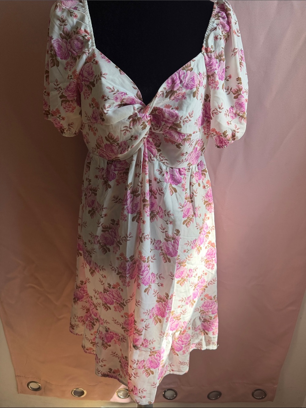 Discreet Pink and Cream Floral Tie-Front Mini Dress